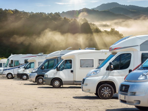 RVs parked in a row with fog in the background