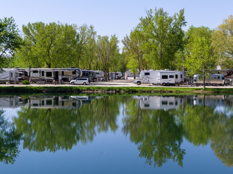 A view of a campground across the lake