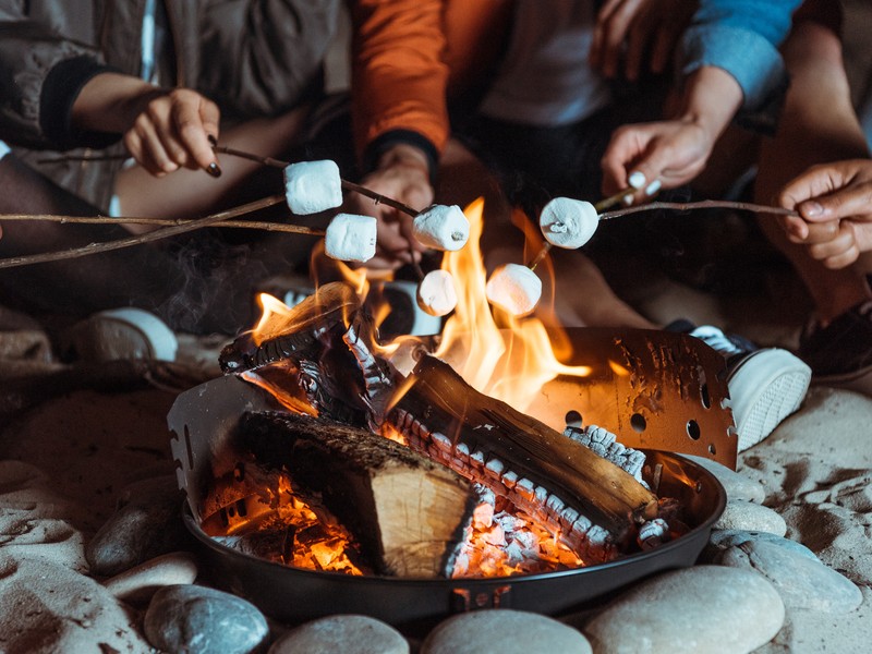 People cooking marshmallows over a campfire