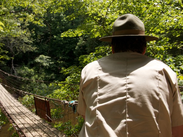 A park ranger looking into the woods