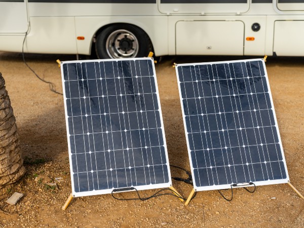 Two solar panels being used for energy in a camper